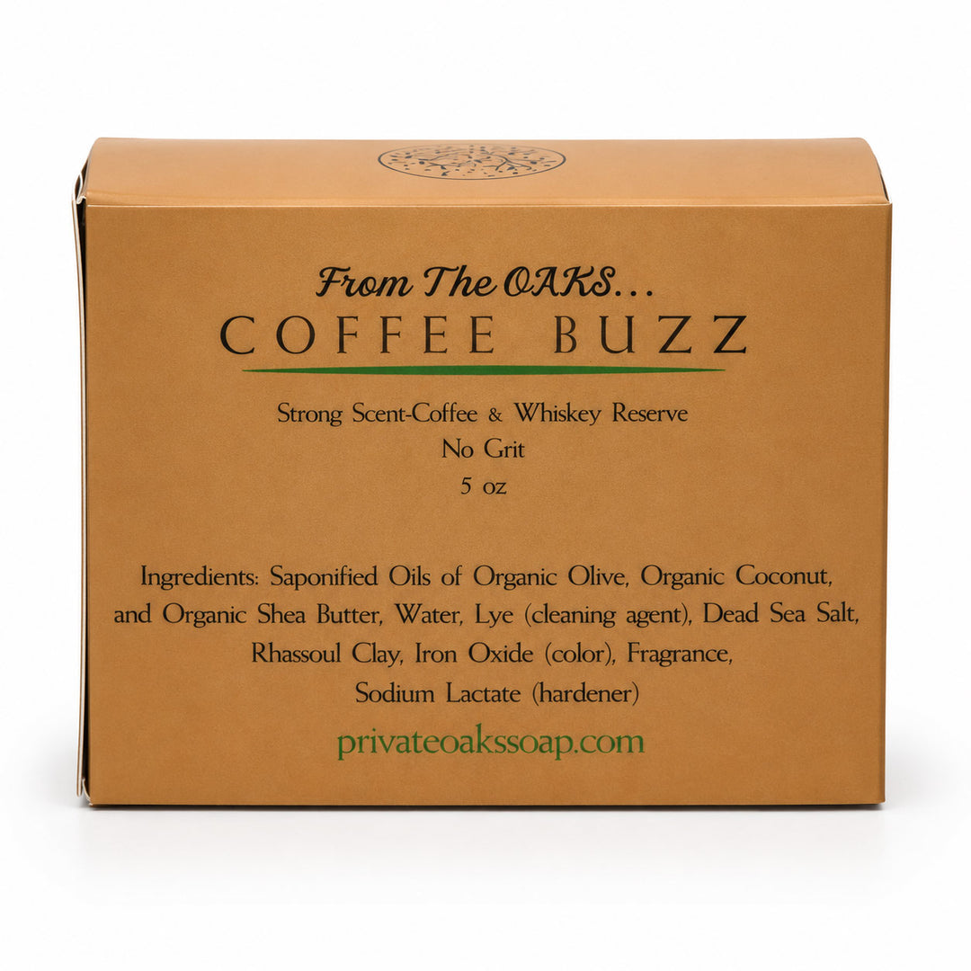 A square kraft paper box for Private Oak Soap's 'Coffee Buzz' scent, featuring black and green text on a clean white background.