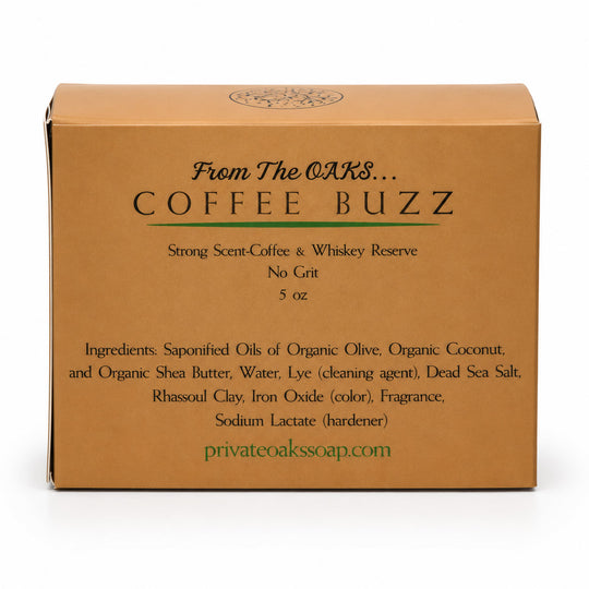 A square kraft paper box for Private Oak Soap's 'Coffee Buzz' scent, featuring black and green text on a clean white background.