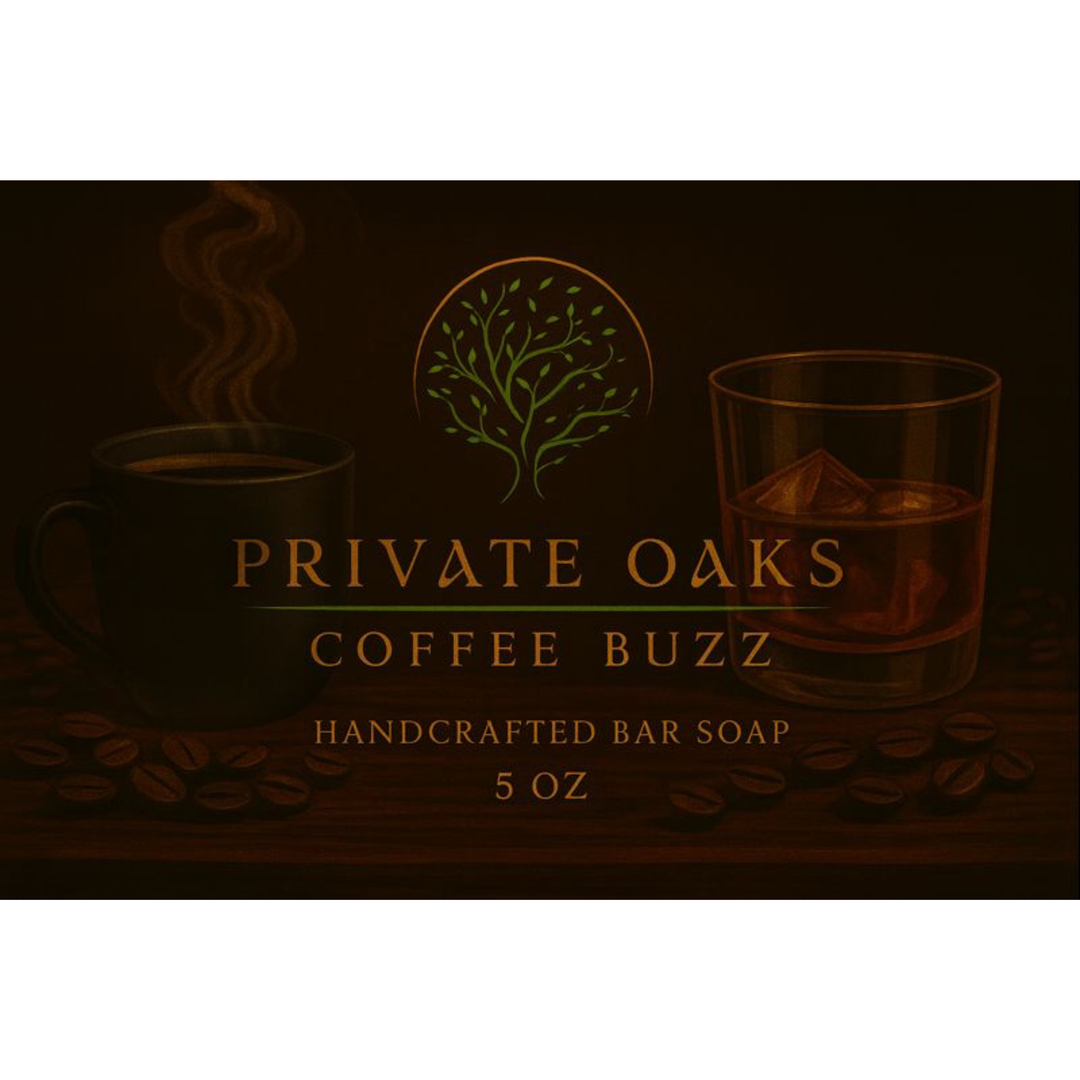 Private Oaks Coffee Buzz soap packaging with coffee cup and glass illustration.