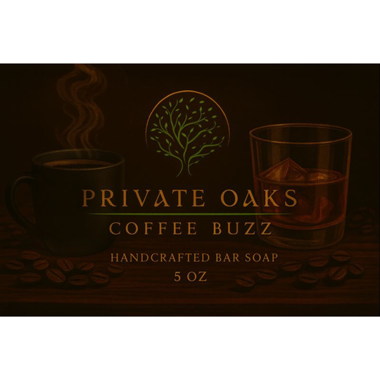 Private Oaks Coffee Buzz soap packaging with coffee cup and glass illustration.
