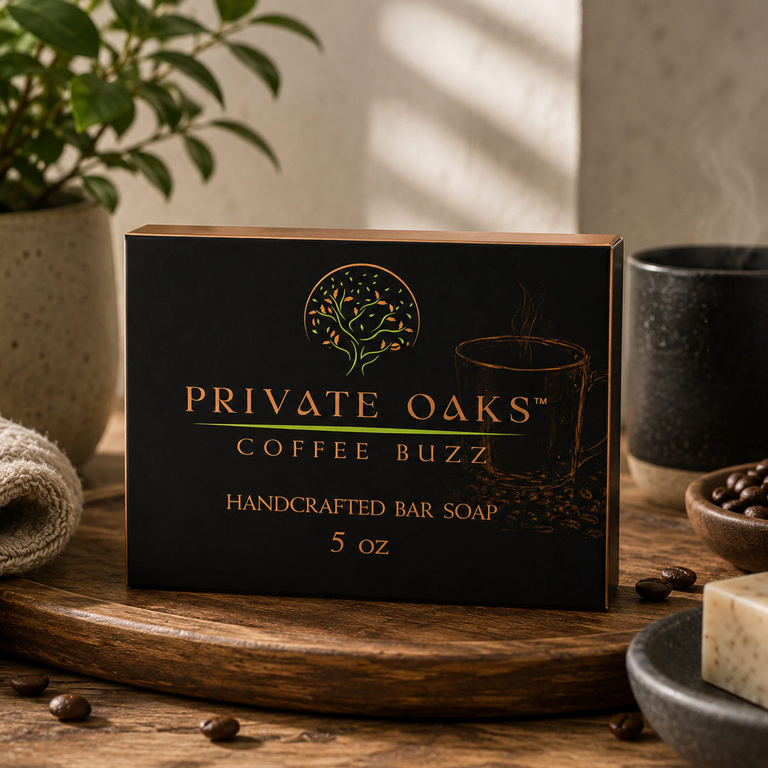 A box of Private Oaks Coffee Buzz Handcrafted Bar Soap, 5 oz, displayed on a rustic wooden tray with coffee beans and a coffee mug in the background.