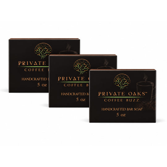 Three black boxes of Private Oaks Coffee Buzz Handcrafted Bar Soap, 5 oz each, arranged in a staggered row on a white background.