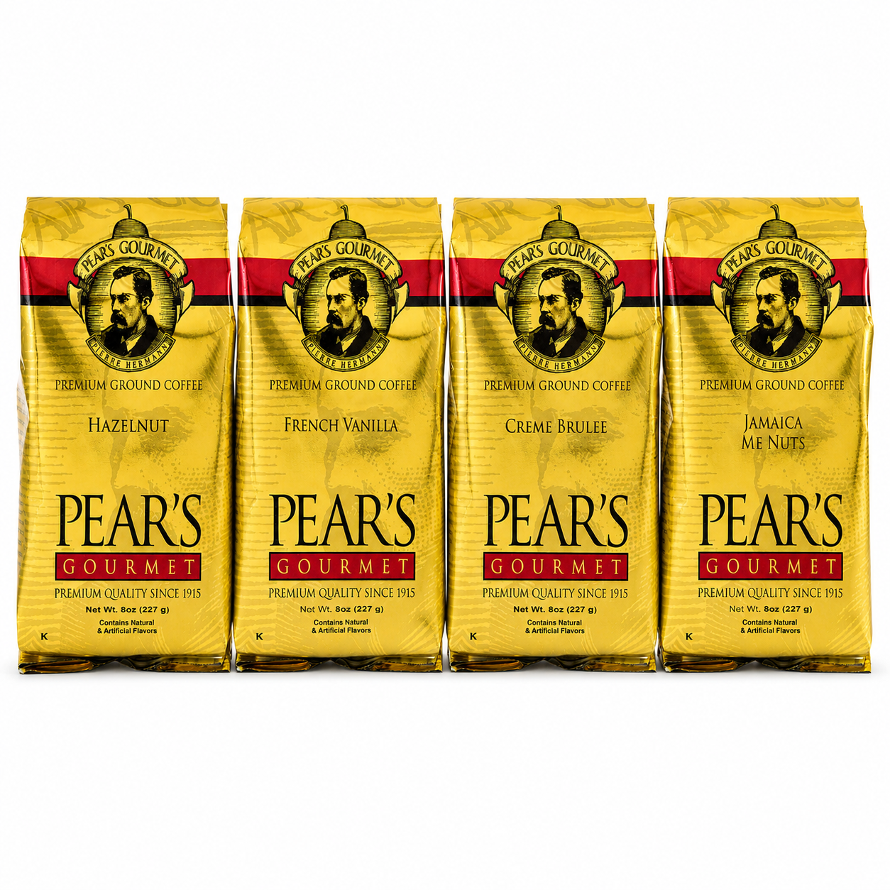 Four packages of Pear's Gourmet Premium Ground Coffee on a white background