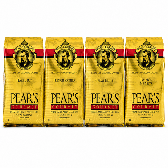 Four packages of Pear's Gourmet Premium Ground Coffee on a white background
