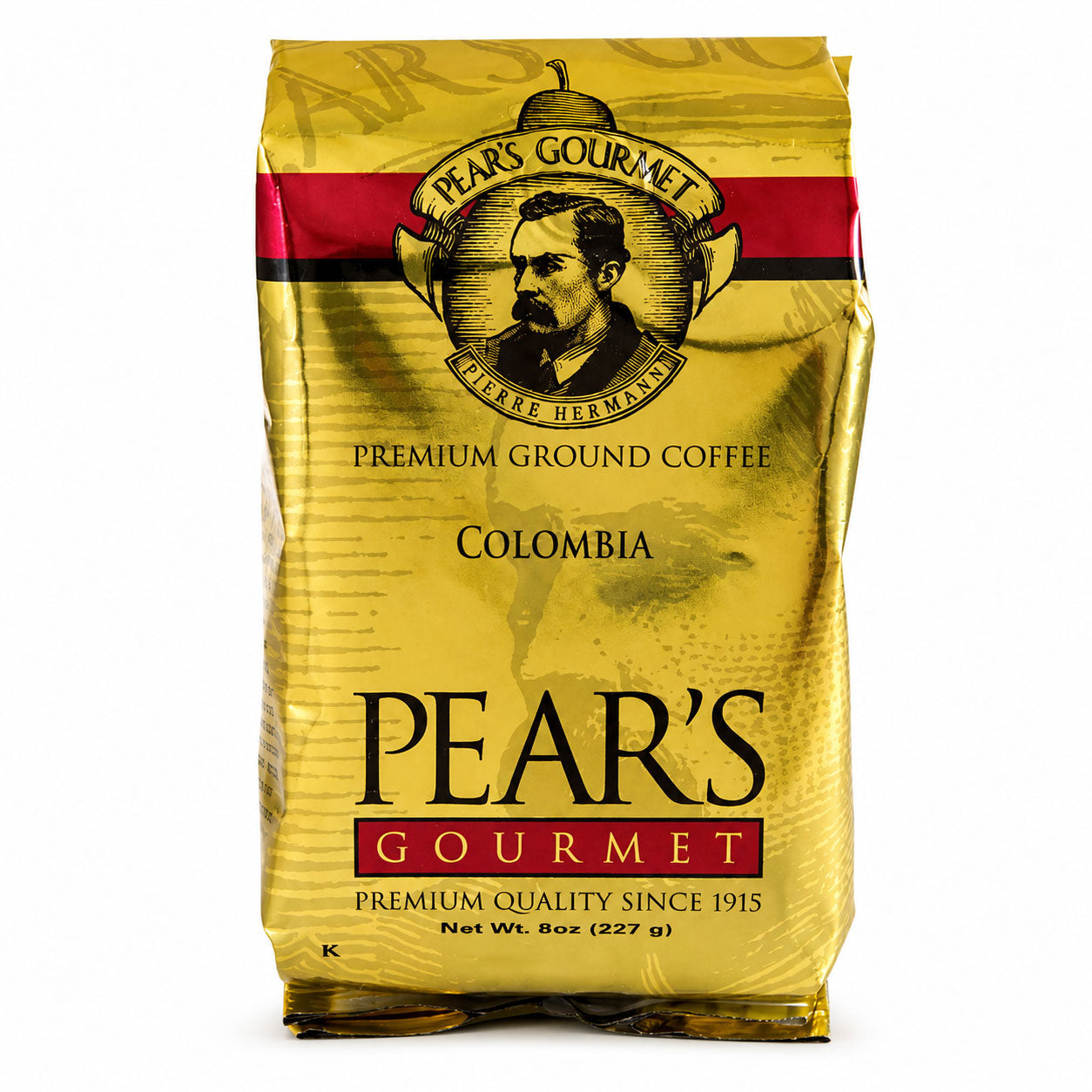 Pear's Gourmet premium ground coffee bag with a vintage illustration on a white background