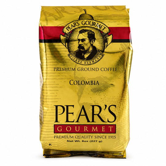 Pear's Gourmet premium ground coffee bag with a vintage illustration on a white background