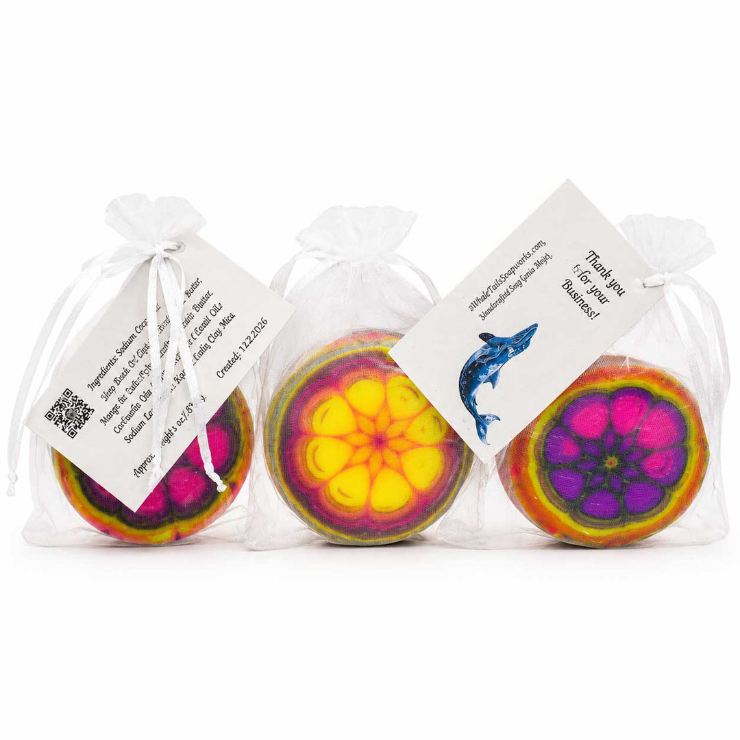 Three colorful spherical objects in clear packaging with labels on a white background