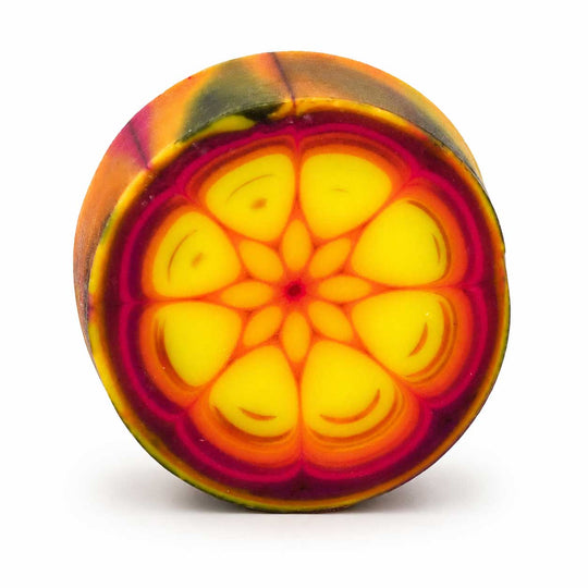 Colorful circular object with a geometric pattern on a white background
