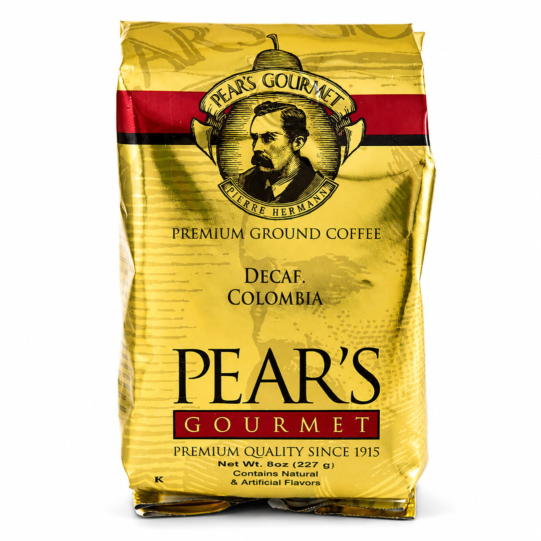 Pear's Gourmet Decaf Colombia coffee bag on a white background