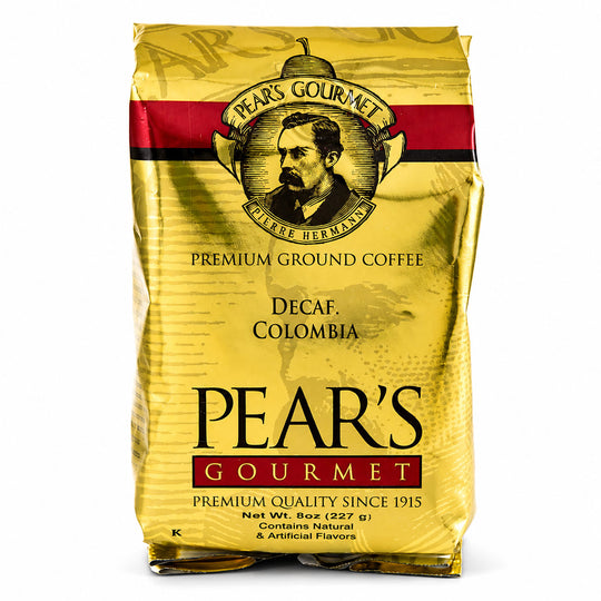 Pear's Gourmet Decaf Colombia coffee bag on a white background