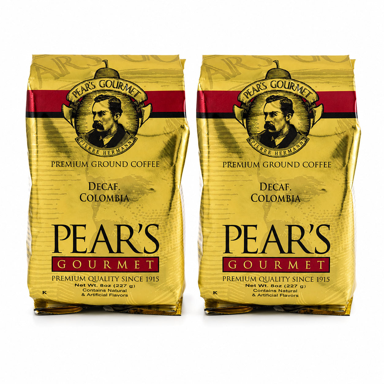 Two packages of Pear's Gourmet Premium Ground Coffee on a white background