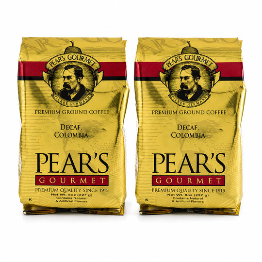 Two packages of Pear's Gourmet Premium Ground Coffee on a white background