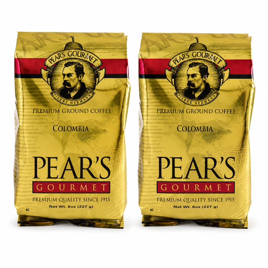 Two packages of Pear's Gourmet Premium Ground Coffee on a white background