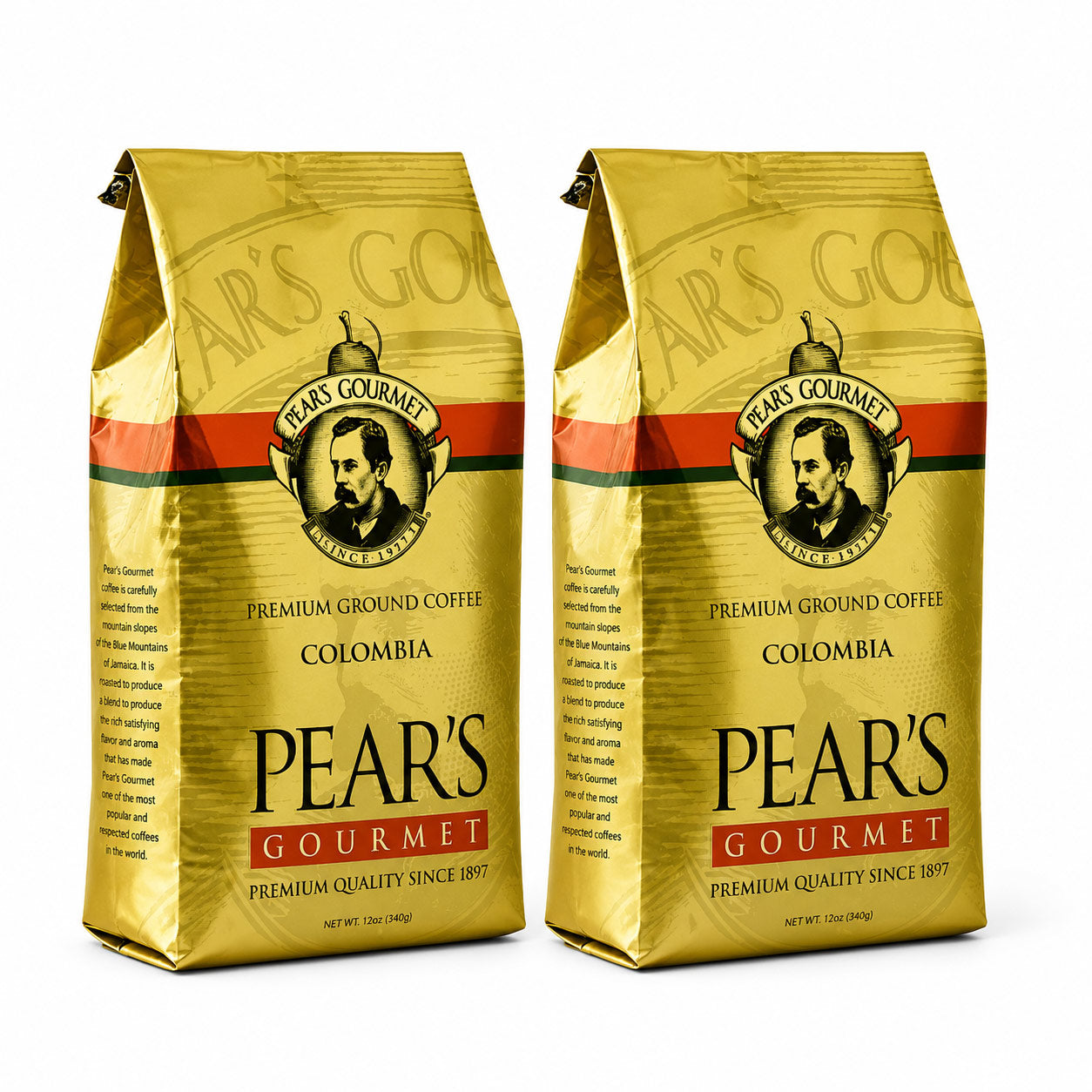 Two bags of Pear's Gourmet Colombia premium ground coffee on a white background