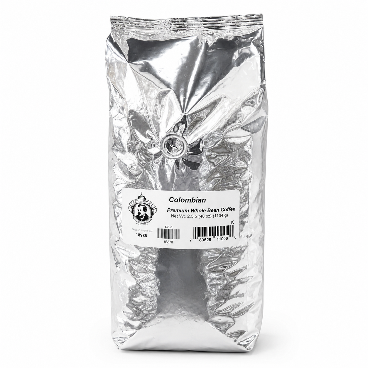 Silver-wrapped coffee package with a label on a white background