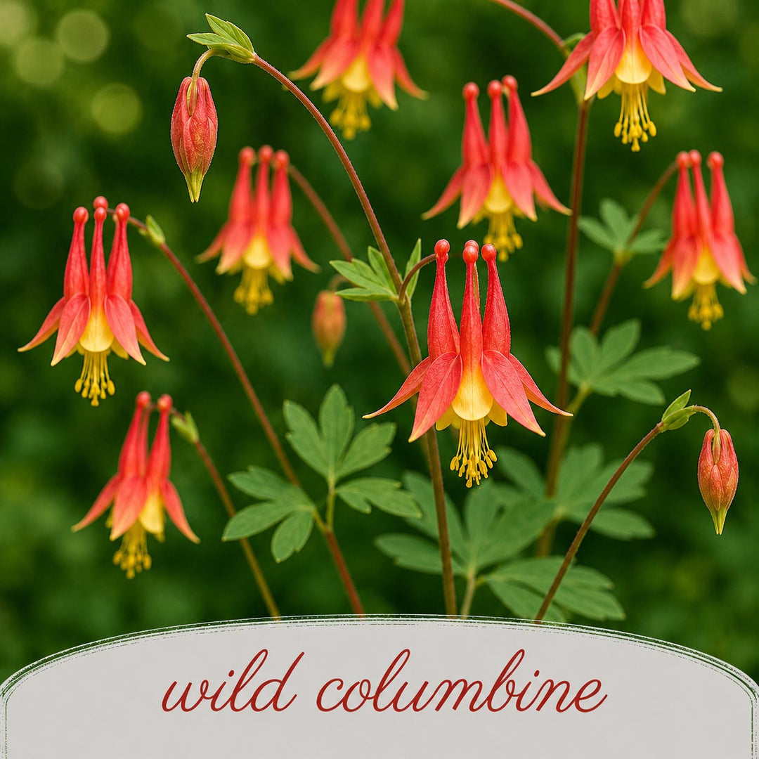 Red and yellow wild columbine flowers with green leaves on a blurred green background.