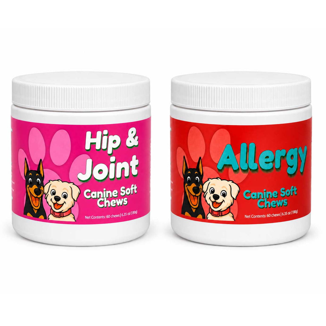 Two white plastic jars of dog soft chews on a white background. The left jar has a pink label reading 'Hip & Joint Canine Soft Chews' and the right jar has a red label reading 'Allergy Canine Soft Chews'.