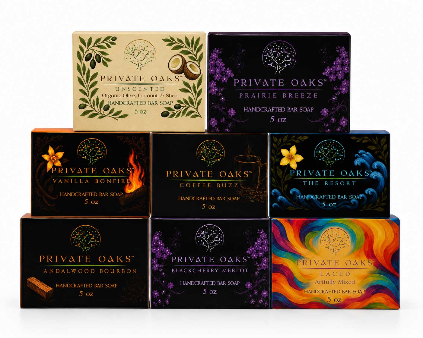 Nine boxes of Private Oaks Handcrafted Bar Soap arranged in a 3x3 grid on a white background. The boxes feature various scents with colorful labels including beige, black, purple, blue, orange, and rainbow designs.