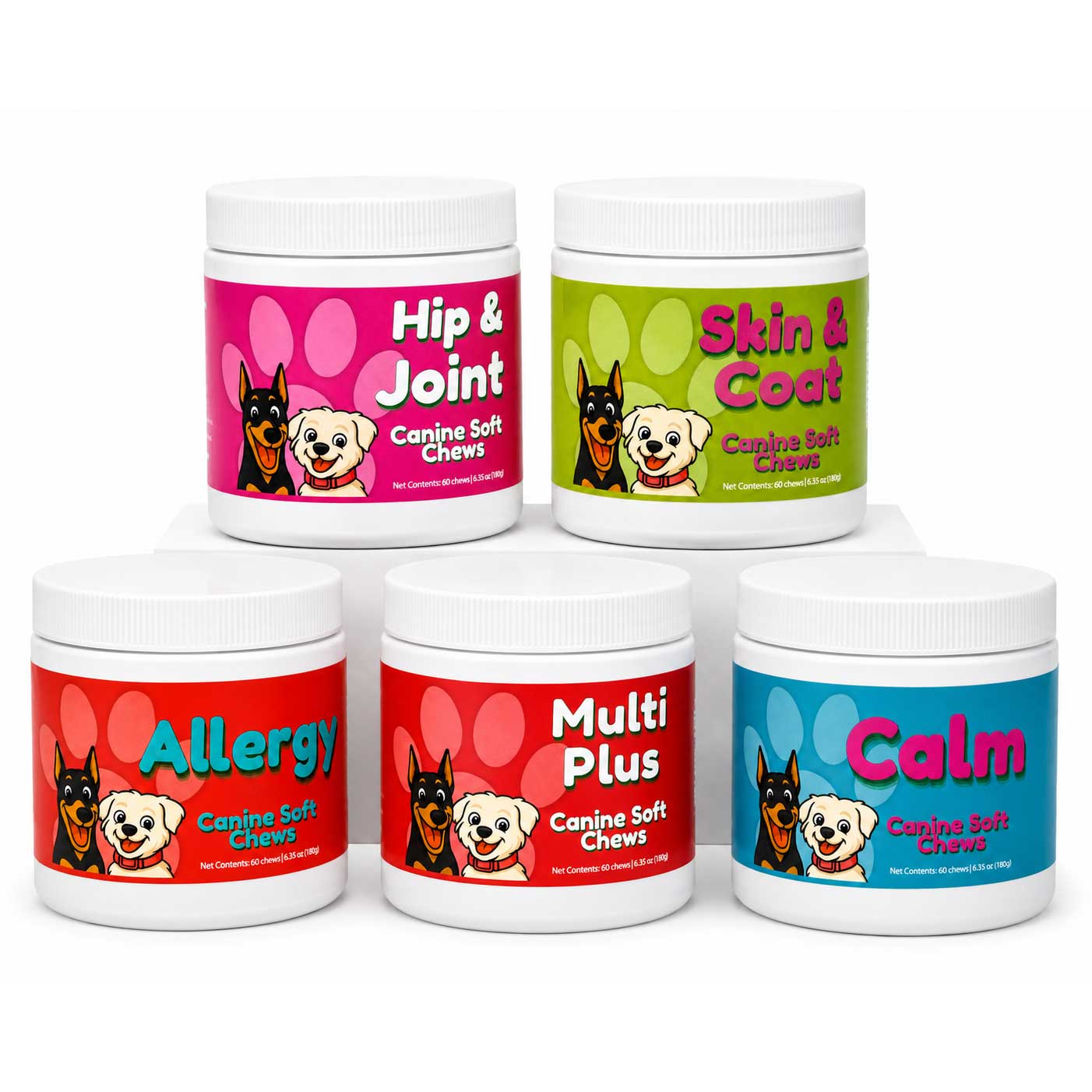 Five white plastic jars of Canine Soft Chews arranged on a white background, each with a colorful label for a different supplement: Hip & Joint, Skin & Coat, Allergy, Multi Plus, and Calm.
