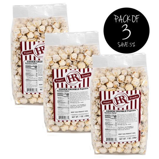 Cookie Crumble Popcorn | Pack of 3 | 7 oz. | Cookies & Cream Popcorn | Rich and Creamy Coating | Made in Gibbon, NE | HR Poppin' Snacks