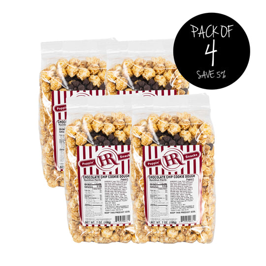 Chocolate Chip Cookie Dough Popcorn | Pack of 4 | 7 oz. | Cookie Dough Snack | Sweet & Salty | Made in Gibbon, NE | HR Poppin' Snacks