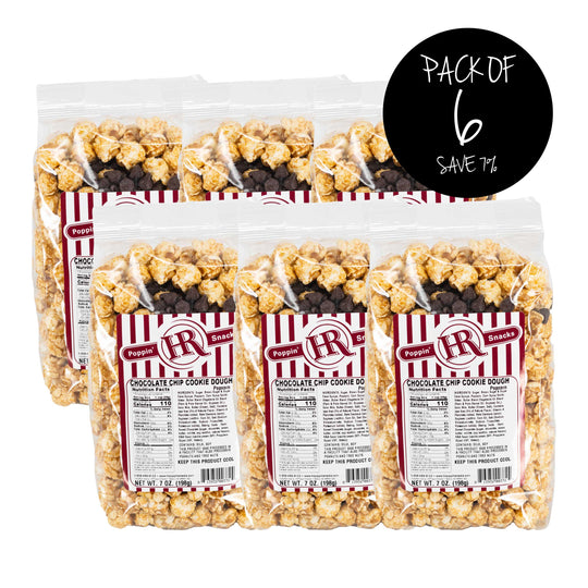 Chocolate Chip Cookie Dough Popcorn | Pack of 6 | 7 oz. | Cookie Dough Snack | Sweet & Salty | Made in Gibbon, NE | HR Poppin' Snacks