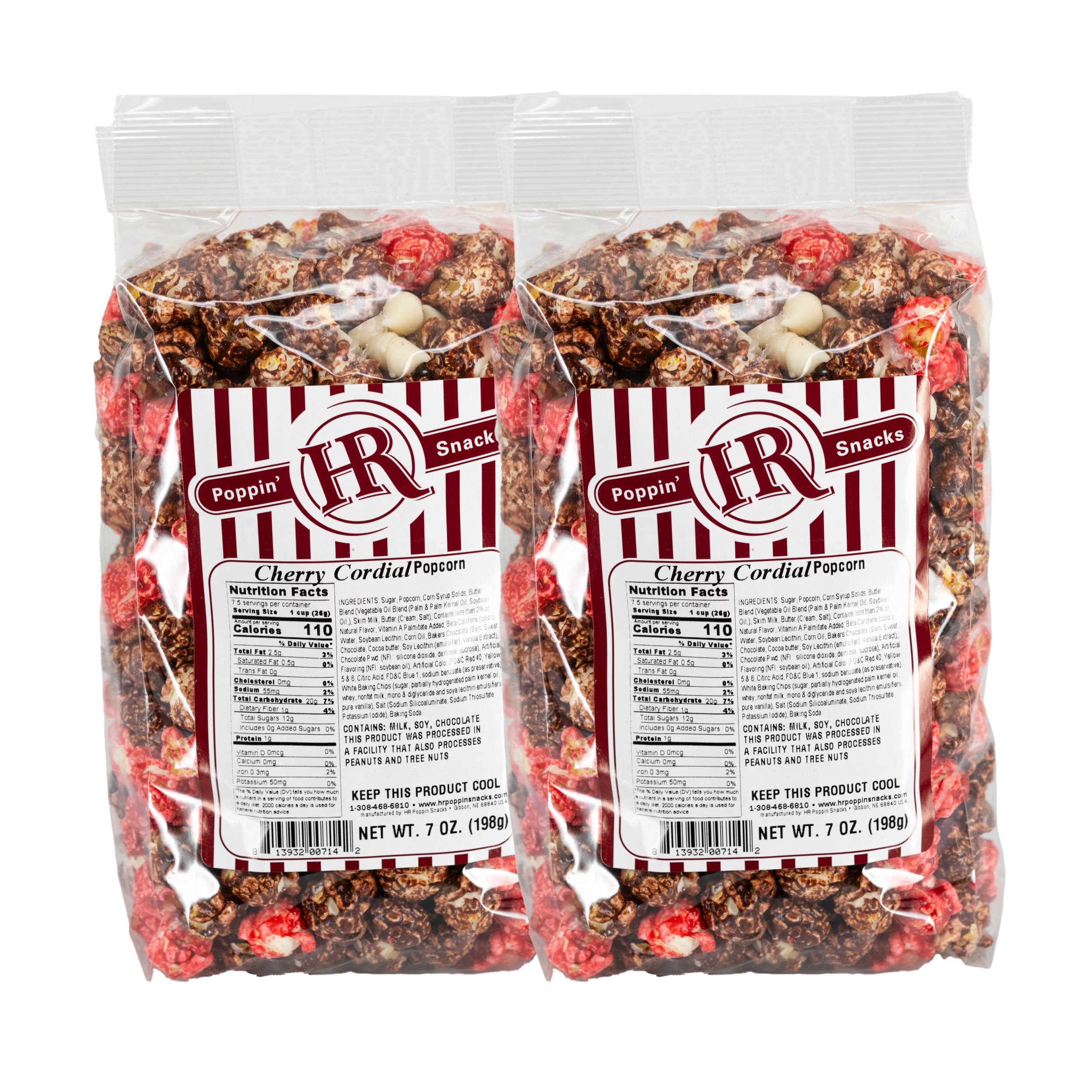 Two packages of Cherry Cordial Popcorn with visible branding and nutritional information.