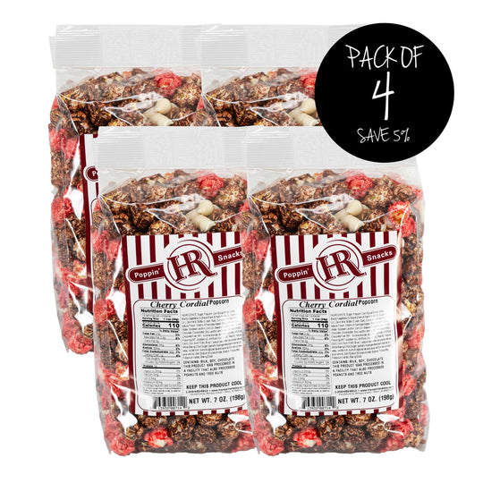 Cherry Cordial Popcorn | Pack of 4 | Sweet Candied Cherry Coated Popcorn | Chocolate Chip Finish | Made in Gibbon, NE | HR Poppin' Snacks