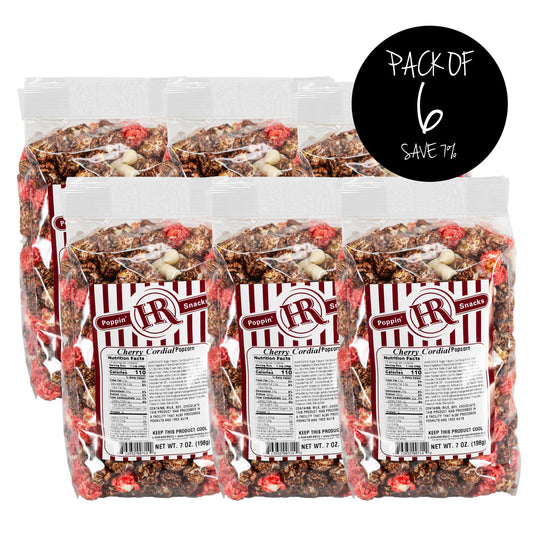 Cherry Cordial Popcorn | Pack of 6 | Sweet Candied Cherry Coated Popcorn | Chocolate Chip Finish | Made in Gibbon, NE | HR Poppin' Snacks