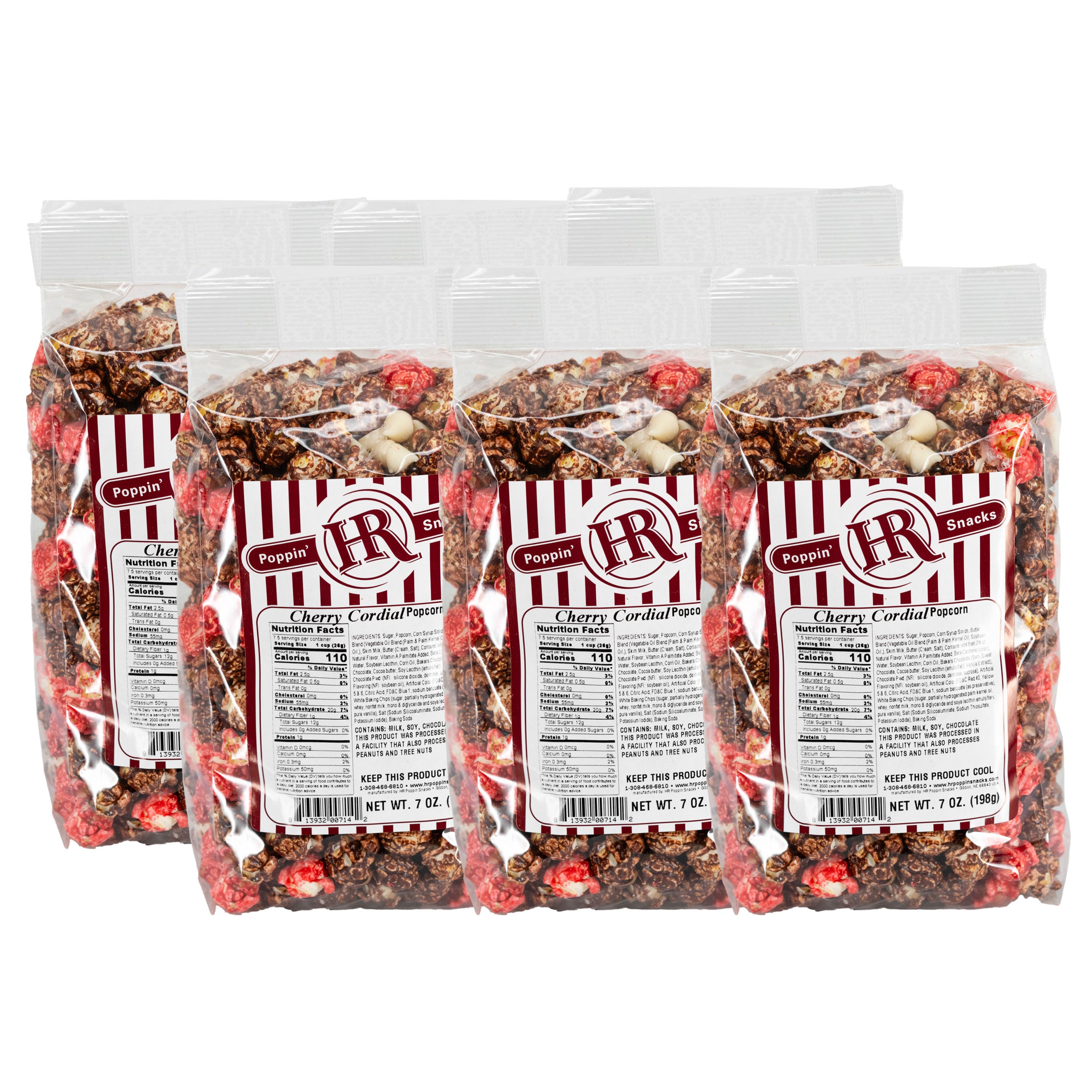 Six packages of HR Poppin' Snacks Cherry Cordial flavor on a white background