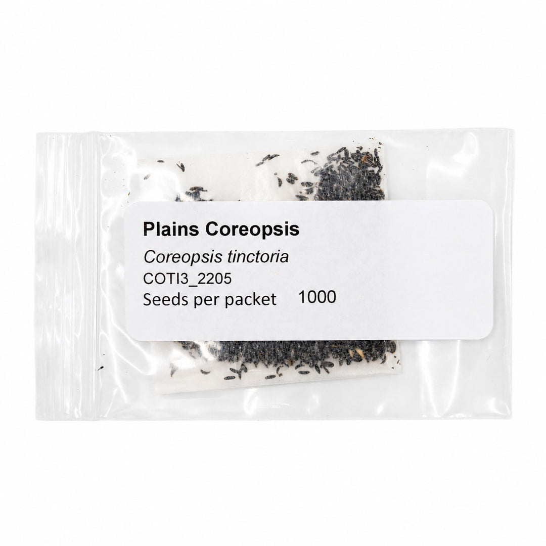 Plants seeds packet labeled 'Plains Coreopsis' with text on a white background