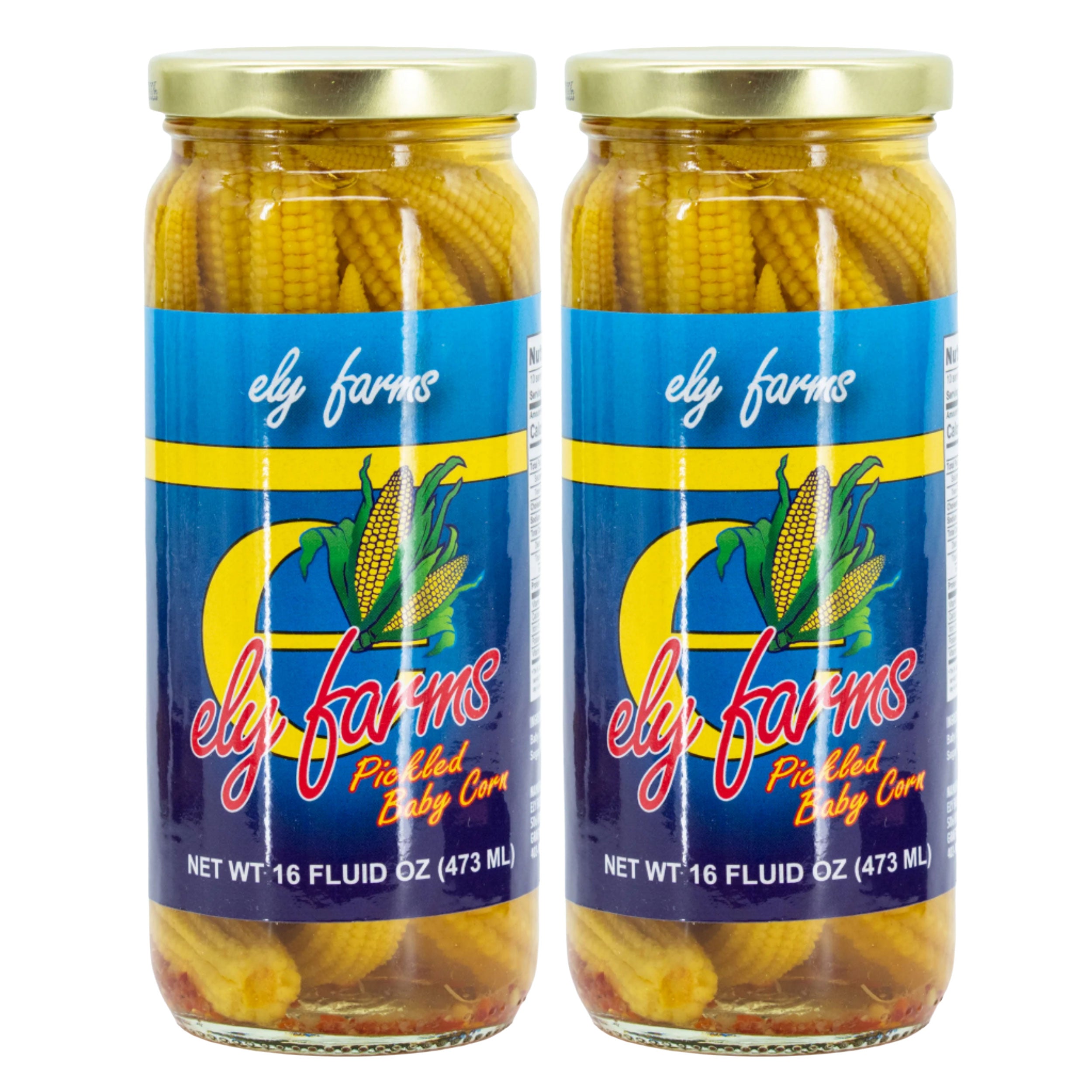 Two jars of Ely Farms pickled baby corn on a white background