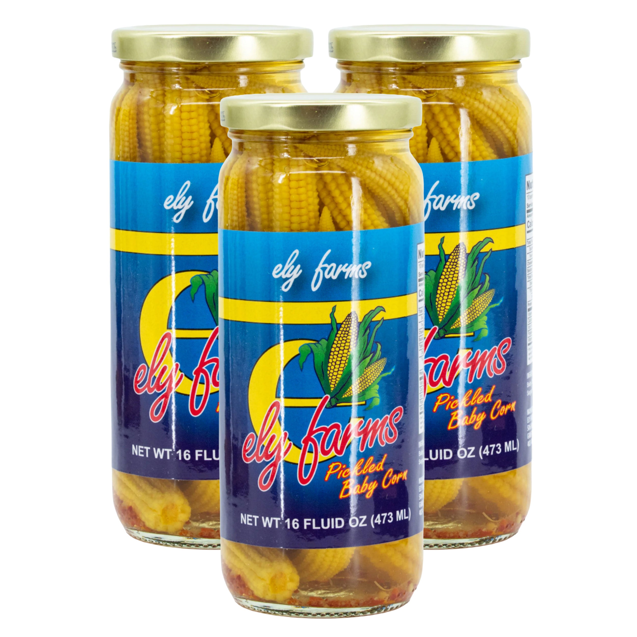 Three jars of Ely Farms pickled baby corn on a white background