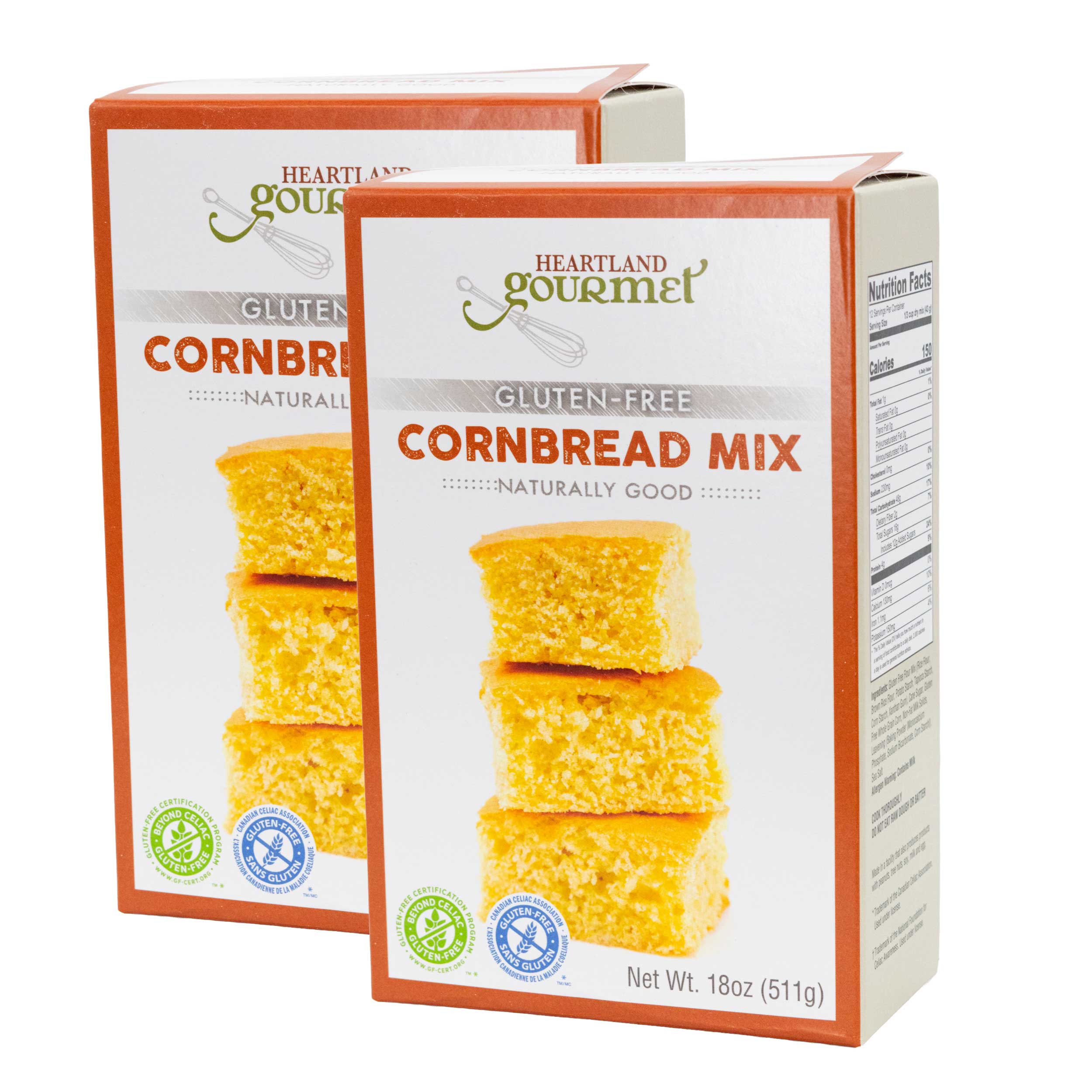 Two packs of Heartland Gourmet gluten-free cornbread mix 