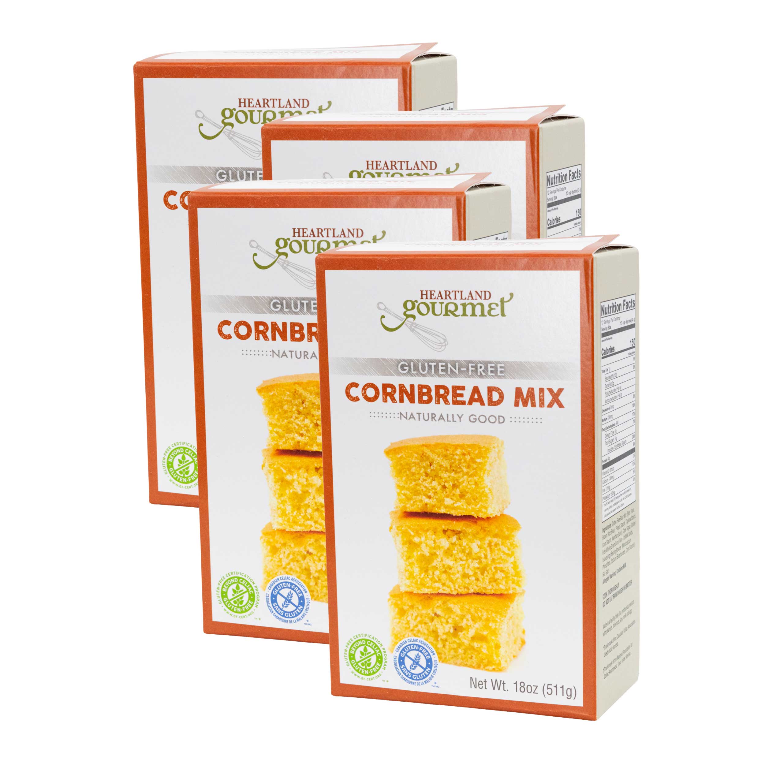 Heartland Gourmet gluten-free cornbread mix packaging on a white background