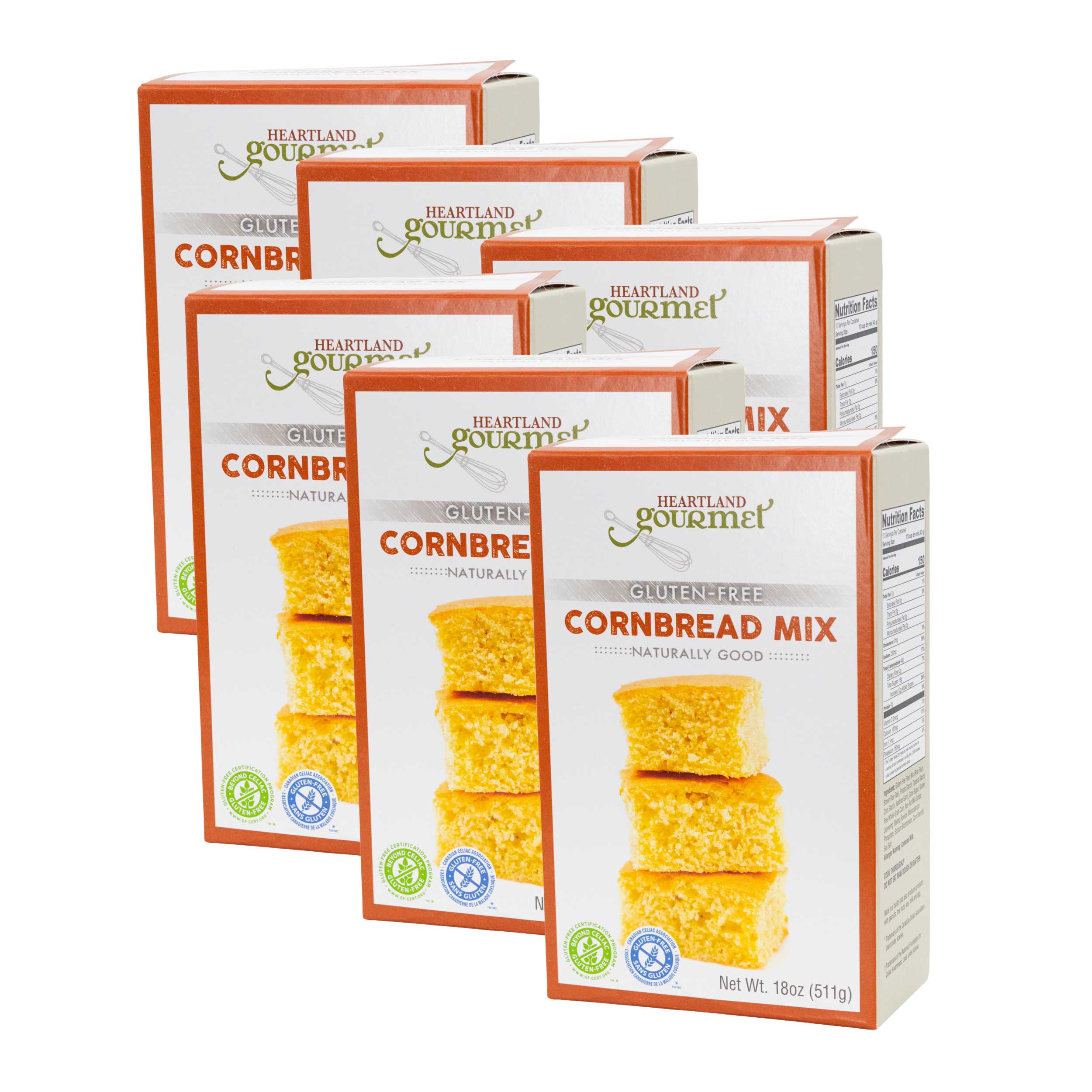 Multiple boxes of Heartland Gourmet Gluten-Free Cornbread Mix on a white background