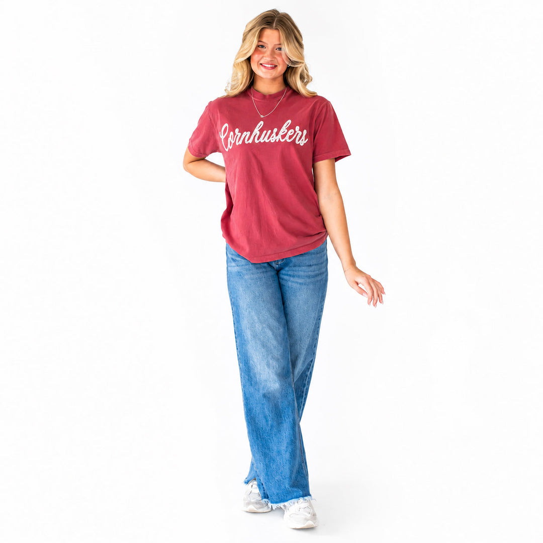 Cornhuskers Sewn Appliqué Scroll Red Licensed Women's Shirt | Multiple Sizes | H.Flynn Designs
