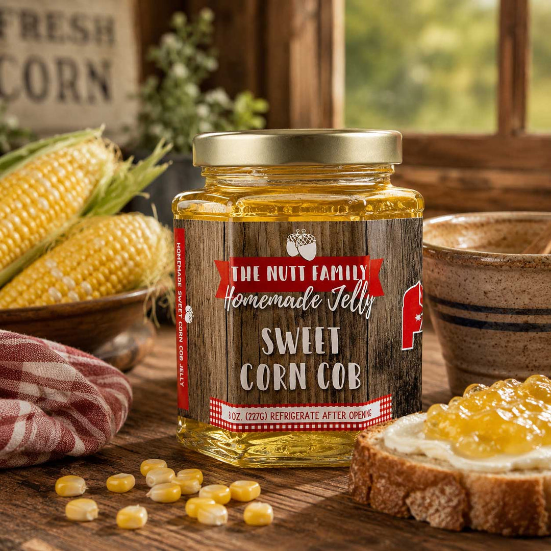 Jar of 'The Nutt Family Homemade Jelly Sweet Corn Cob' on a wooden table with corn and bread.