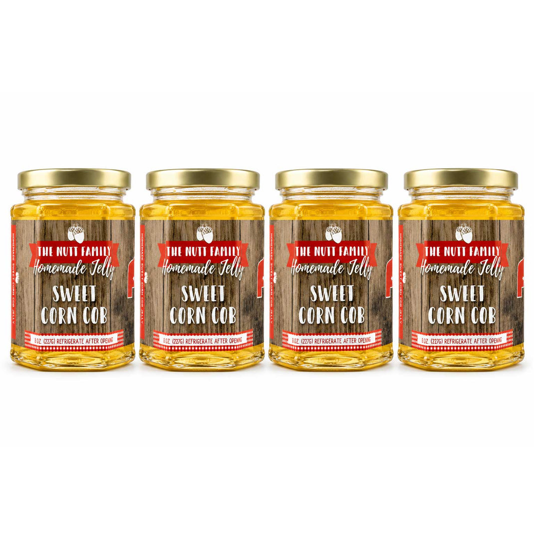 Four jars of 'The Nute Family' Sweet Corn Cob jelly on a white background