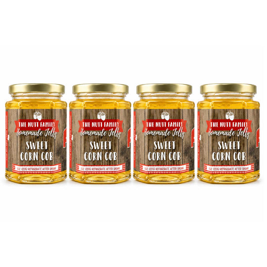 Four jars of 'The Nute Family' Sweet Corn Cob jelly on a white background