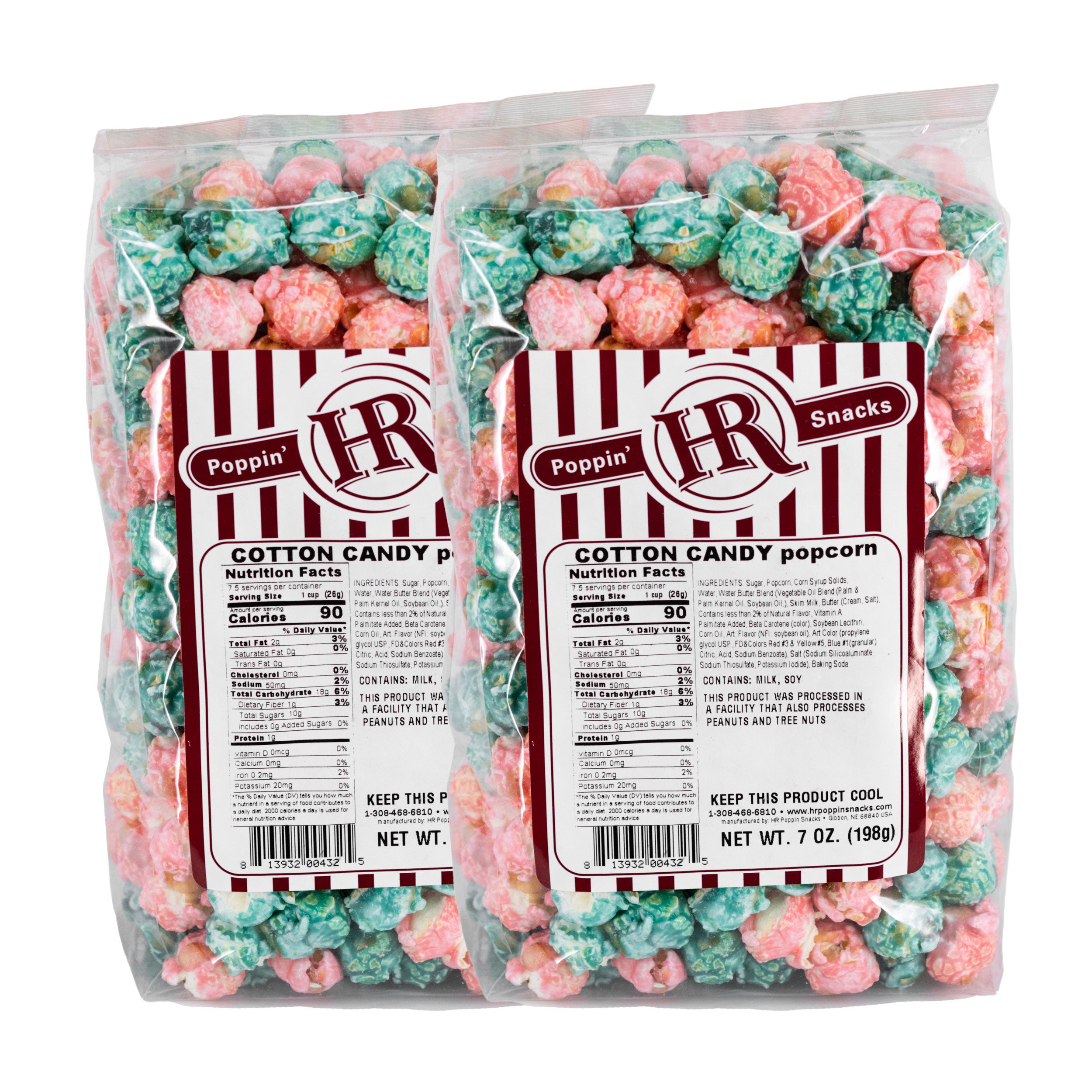 Two bags of cotton candy popcorn with visible labels on a white background