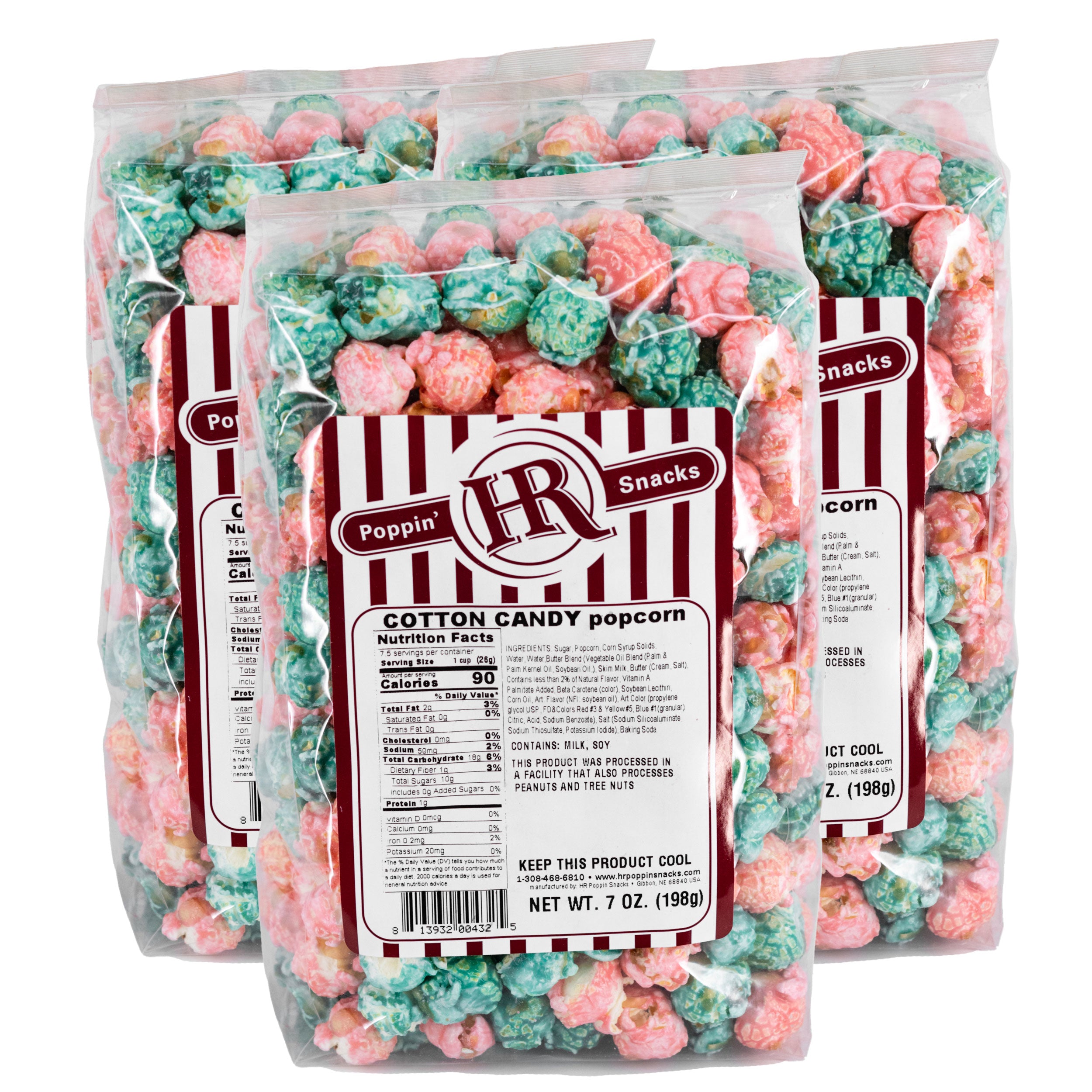 Packaged cotton candy popcorn with a visible brand label on a white background