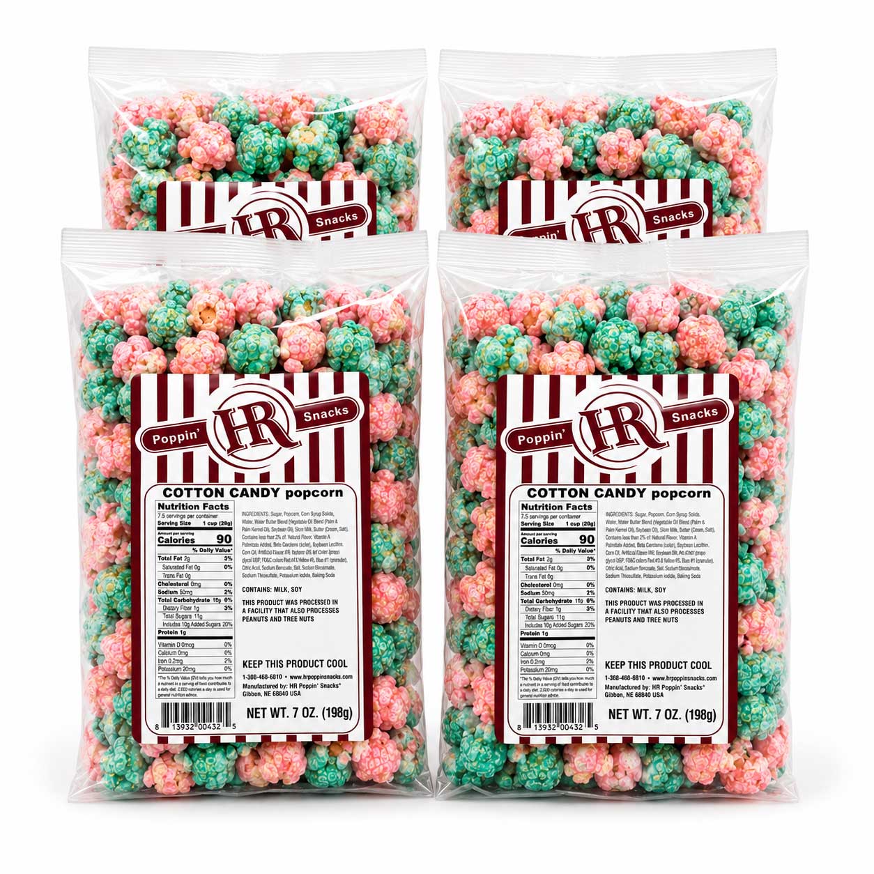 Four clear plastic bags of Poppin' Snacks Cotton Candy Popcorn arranged in a 2x2 grid on a white background. Each bag contains 7 oz (200g) of popcorn coated in pink and green candy, with a red and white striped label featuring the brand logo.