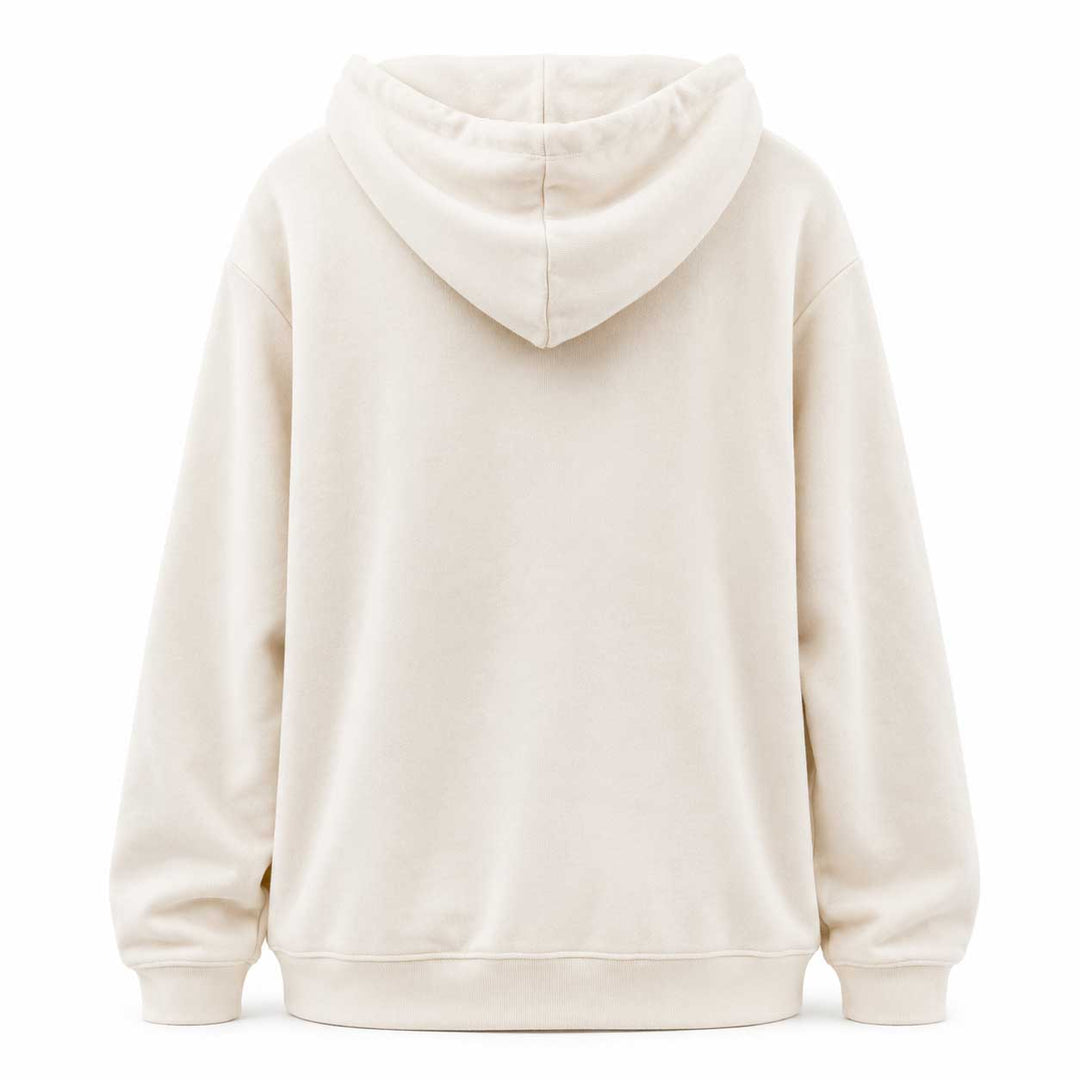 An off-white hooded sweatshirt shown from the back, featuring a relaxed fit, ribbed cuffs, and a ribbed hem against a plain white background.