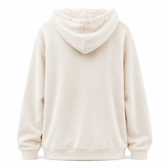 An off-white hooded sweatshirt shown from the back, featuring a relaxed fit, ribbed cuffs, and a ribbed hem against a plain white background.