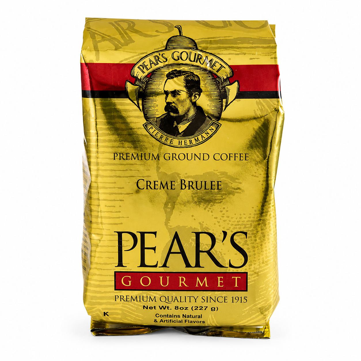 Pear's Gourmet Creme Brulee coffee bag on a white background