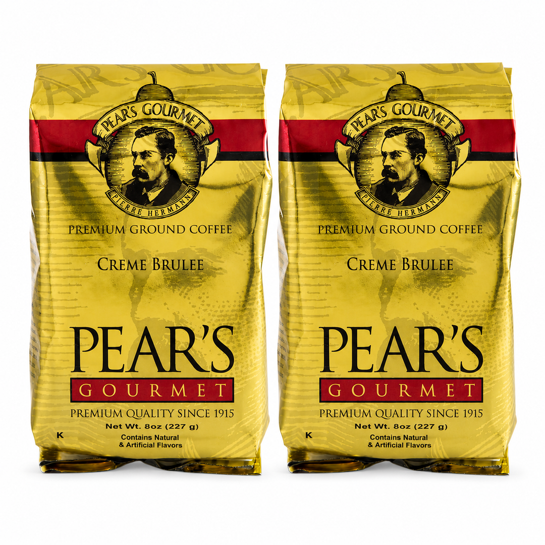 Two bags of Pear's Gourmet Creme Brulee coffee on a white background