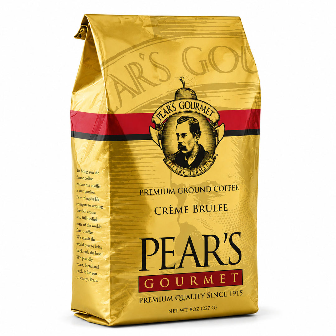 Gold coffee bag with Pear's Gourmet branding on a white background