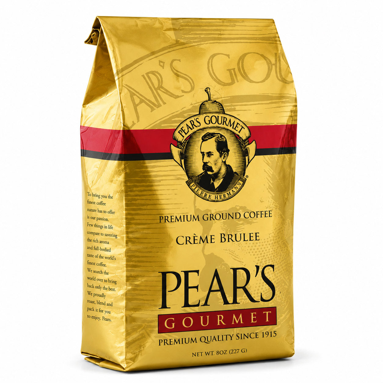 Gold coffee bag with Pear's Gourmet branding on a white background