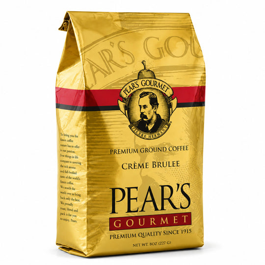 Gold coffee bag with Pear's Gourmet branding on a white background